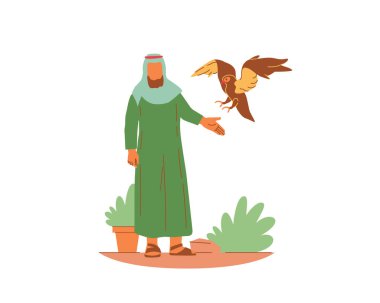 Elinde kuşla Arap bir adam. Modern düz vektör illüstrasyonu.