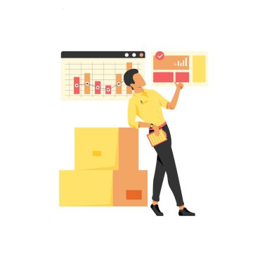 Kutuları olan bir depo çalışanı. İş ve finans kavramsal tasarımı için lojistik ve dağıtım hizmeti vektörü Illustration