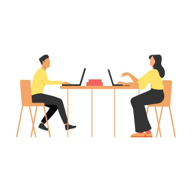 İş adamı ve iş kadını masada oturuyor ve ofis vektörü illüstrasyonunda dizüstü bilgisayarla çalışıyorlar.