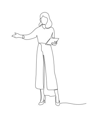 Genç ve mutlu bir kadın yöneticinin el ele tutuşup kitap okurken çizdiği tek bir çizgi. İş masası kontrol listesi konsepti. Modern sürekli çizgi çizimi grafik tasarım vektörü çizimi