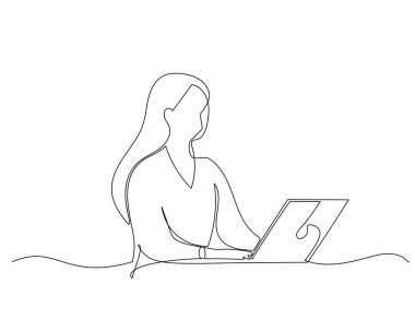 Genç bayan girişimcinin sürekli çizdiği tek çizgi bilgisayar başında oturmuş şirketi için satış stratejisi düşünüyor. Pazarlama stratejisi kavramı bir çizgi tasarım vektörü illüstrasyonu