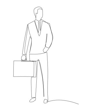 Elinde bavulla ofise gitmek için şehir caddesinde yürüyen genç bir erkek yöneticinin çizdiği tek bir çizgi. Kentsel banliyö işçisi kavramı sürekli çizgi çizimi tasarım vektörü çizimi çizimi