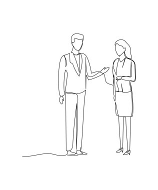 İki genç erkek ve kadın çalışanın kağıt bardak içip sohbet ettiği tek sıra çizimi. Çalışma konseptinde dinlenme molası. Bir satır tasarım grafik vektör çizimi çizimi illüstrasyonu