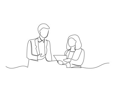 İki genç erkek ve kadın işçinin çizdiği çizgilerden biri, ofisteki tabletteki hisse senedi hareketlerine bakıyor. Borsacı konsepti sürekli çizgi çizimi grafik çizimi çizimi çizimi