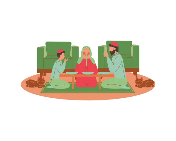Müslüman aile oturma odasında dua ediyor. İslami Bayram Ramazan Kareen ve Bayram Mübarek tebrik kartı kavramı ve illüstrasyonları için 