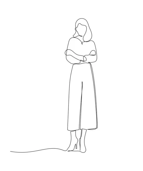 Tek sıra halinde, kolları bağlı genç bir iş kadınını çekiyor. Kolları çaprazlanmış, yalnız duran sevimli bir kadın. Dinamik bir çizgi çizer grafik tasarım vektörü çizer