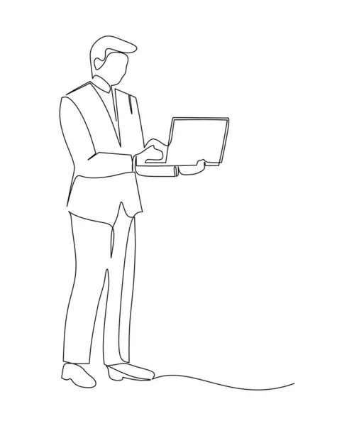 Dizüstü bilgisayar tutarken takım elbiseli genç ve zeki bir iş adamının çizdiği tek çizgi. İş konsepti. Modern sürekli çizgi çekme. Asgari tasarım grafik vektör illüstrasyonu