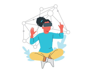 Young man wearing virtual reality goggles and sitting in lotus pose. Vector illustration clipart