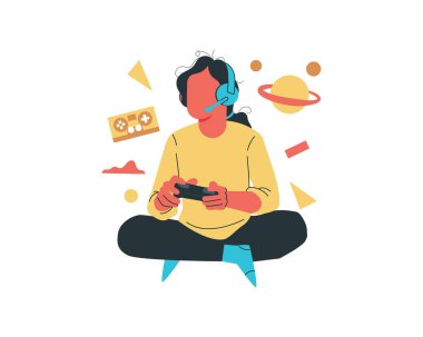 Video oyunu oynayan bir kız. Çizgi film tarzında vektör illüstrasyonu.