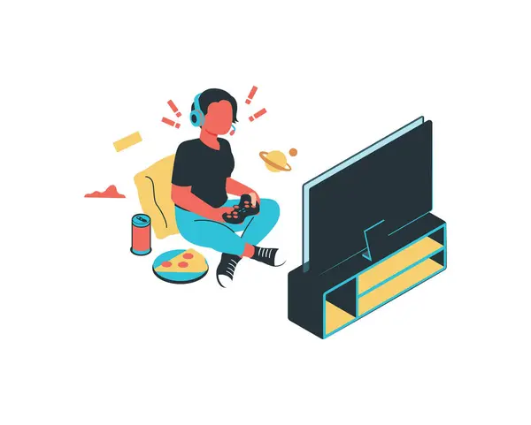 Boy Playing Video Games Home Isometric Flat Vector Illustration — Stock Vector