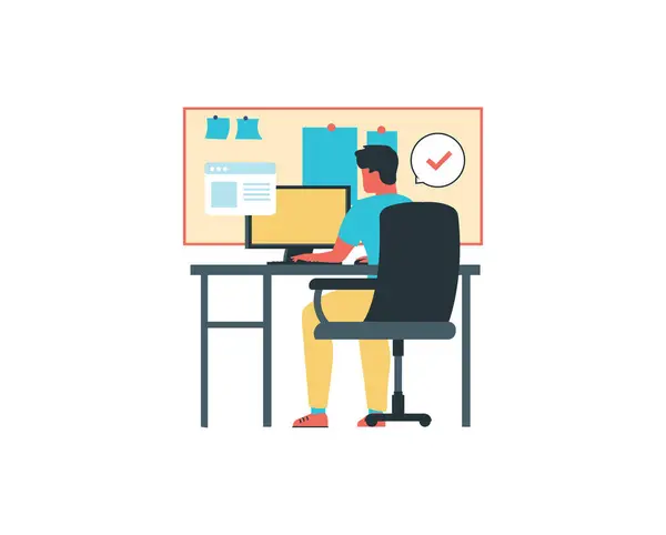 Young Man Working Desk Computer Bedroom Vector Illustration Design — Stock Vector