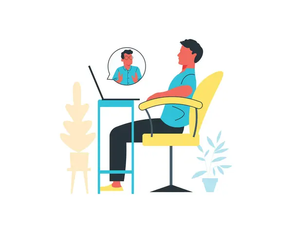 Young Man Sitting Chair Working Laptop Flat Vector Illustration — Stock Vector