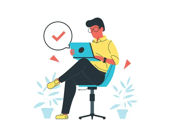 Young Man Sitting Chair Using Laptop Computer Flat Vector Illustration — Stock Vector