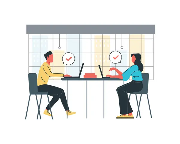 Man Woman Sitting Table Front Laptop Business Meeting Concept Flat — Stock Vector