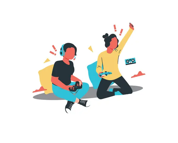 Young Man Woman Playing Video Games Together Flat Vector Illustration — Stock Vector