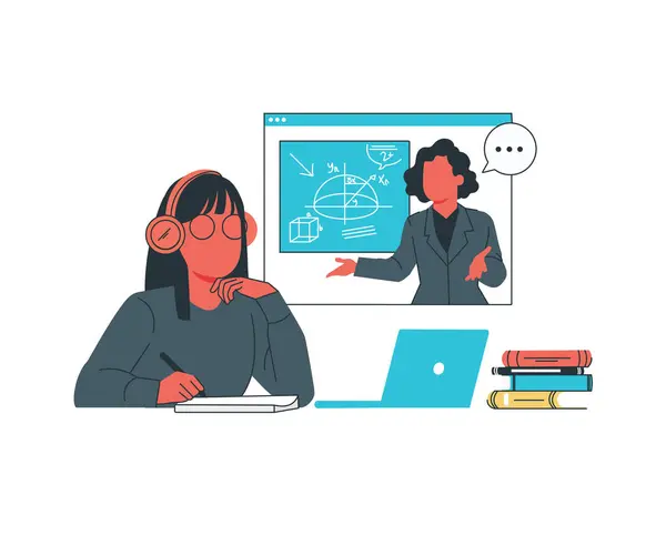 Online Education Concept Woman Teacher Student Laptop Screen Vector Illustration — Stock Vector