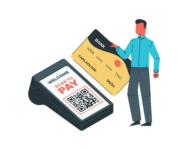 QR kodu, POS terminali ve kredi kartı olan bir adam. Temassız ödeme kavramı için düz biçimdeki vektör illüstrasyonuName
