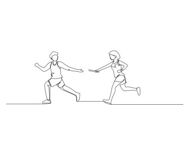 Bayrak yarışında kadın koşucuların sopasını alacak olan erkeklerin kesintisiz çizgileri. Sağlıklı spor eğitimi konsepti. Tasarım vektörü illüstrasyonu