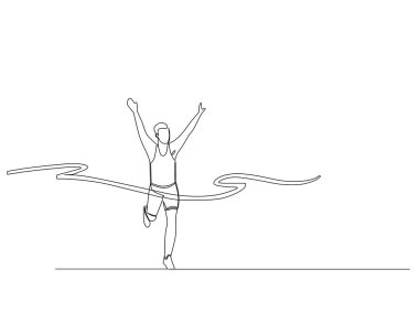 Bitiş çizgisine vardığı için erkek koşucunun sürekli kutlama çizgisi çizmesi. Sağlıklı spor eğitimi konsepti. Tasarım vektörü illüstrasyonu