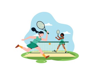 İki genç kadın birlikte tenis çalışıyor. Spor ve eğlence aktiviteleri konsepti. Aktif ve sağlıklı yaşam tarzının basit düz tasarımı