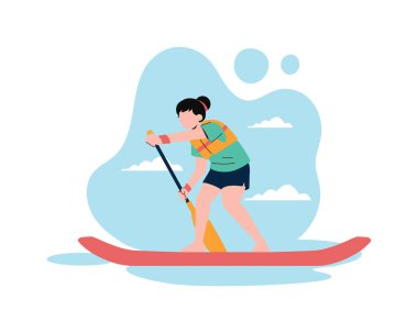 Teknede kürek çeken genç bir kadın. spor ve eğlence aktiviteleri konsepti. Aktif ve sağlıklı yaşam tarzının basit düz tasarımı