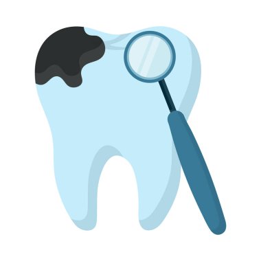 Cartoon tooth with visible cavity and dental mirror inspecting decay. Ideal for dental care, oral hygiene, and cavity prevention concepts. Clean vector style for medical or educational use