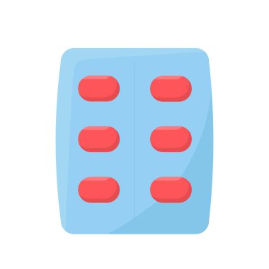 Blue blister pack with six red oval pills arranged in two vertical columns. Clean, flat vector style ideal for pharmaceutical, healthcare, medication, or drug packaging concepts. Isolated on white