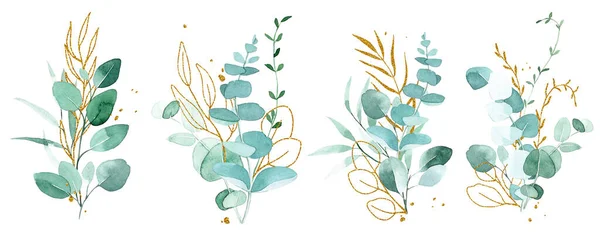 Akvarel Sada Kytic Složení Listů Eukalyptu Zlatých Prvků Zelené Zlaté — Stock fotografie