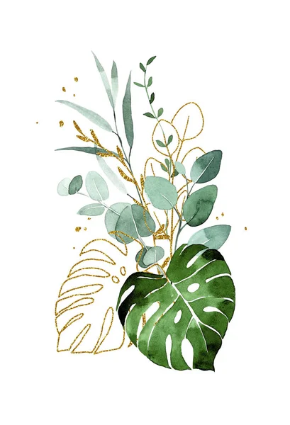 Rysunek Akwareli Bukiet Tropikalnych Liści Złotymi Elementami Świecącymi Zielone Złote — Zdjęcie stockowe