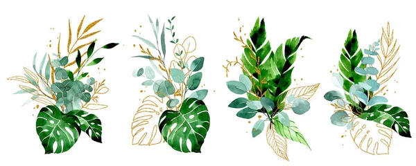 Watercolor Drawing Set Compositions Bouquets Tropical Leaves Green Gold Leaves — Stockfoto