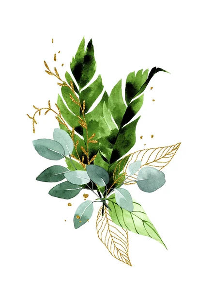 Akvarell Illustration Bukett Sammansättning Tropiska Blad Guld Och Gröna Palmblad — Stockfoto