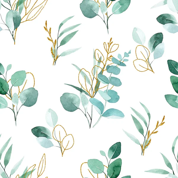 Seamless Watercolor Pattern Eucalyptus Leaves Golden Elements Leaves Golden Texture — Stock Photo, Image