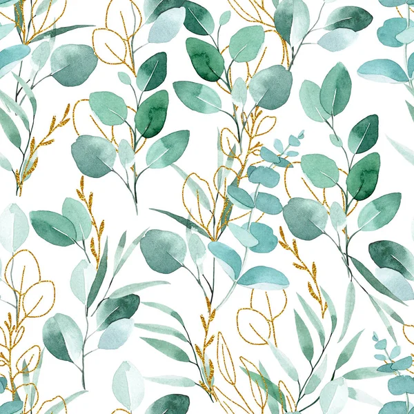Watercolor Seamless Pattern Green Gold Eucalyptus Leaves White Background Vintage — Stock Photo, Image