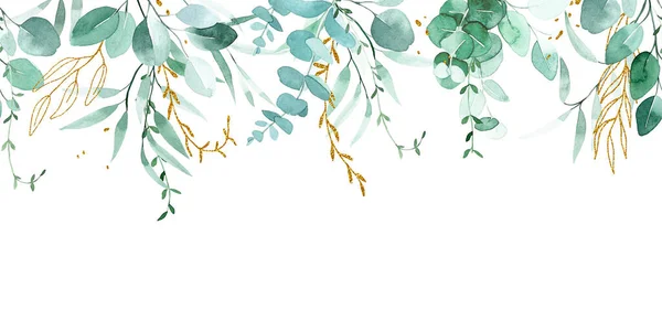 Aquareltekening Naadloze Rand Banier Frame Van Eucalyptusbladeren Gouden Elementen Groen — Stockfoto