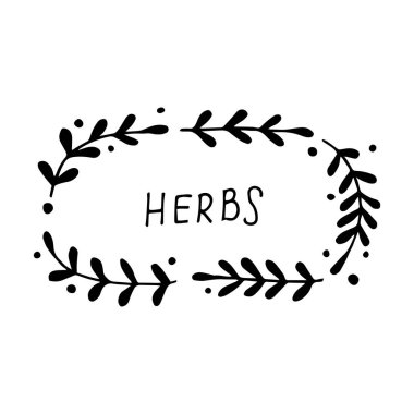 Çizim tarzında vektör illüstrasyonu. Basit dallardan ve yapraklardan yapılmış sevimli bir çerçeve. Botanik, logo teması üzerine çizim