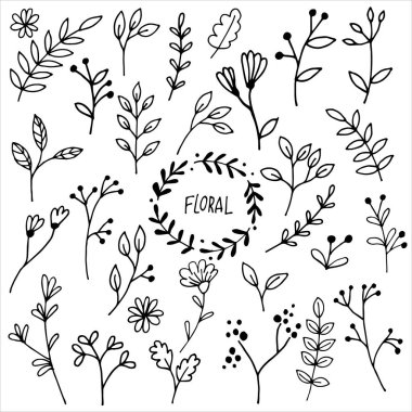 vektör çizimi. Soyut yapraklar, dallar, modern çiçekler. Basit çizgi çizimleri.