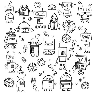 vektör çizimi. Sevimli robotlar. Çocuk çizgisi çizimi. komik robotlar