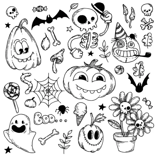 Vektorritning Uppsättning Illustrationer Temat Halloween Stil Med Talet Karikatyrer Svart — Stock vektor