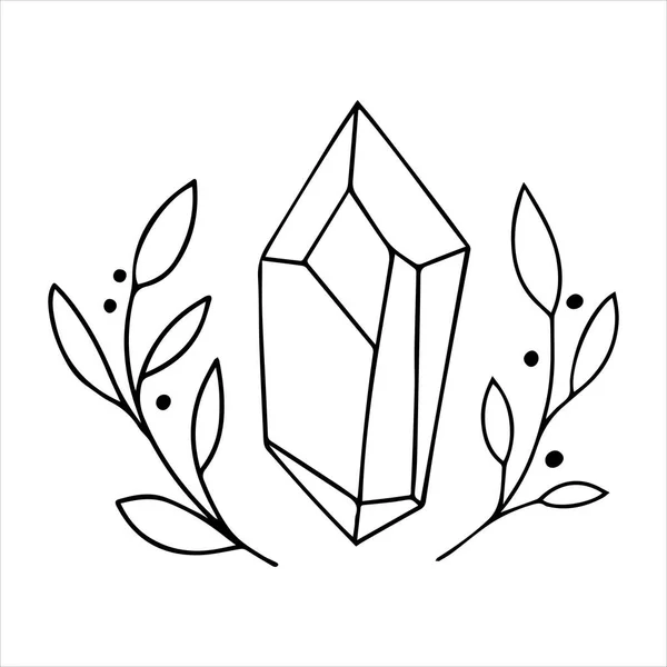 Desenho Linha Vetorial Gráfico Mística Composição Esotérica Mágica Cristal Folhas — Vetor de Stock