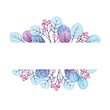 Suluboya çizim. Şeffaf çiçekler, okaliptüs yaprakları ve böğürtlenlerle çerçevelenmiş. Pembe ve mavi yapraklar, x-ray