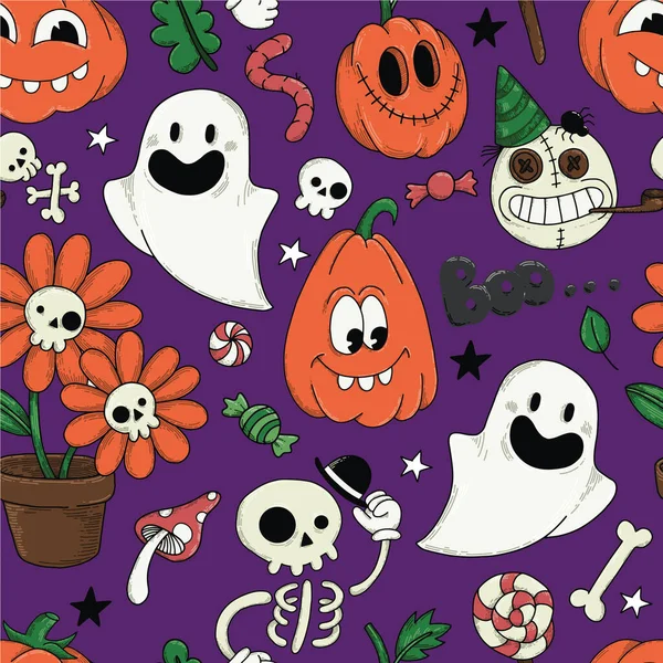 Sömlöst Mönster För Halloween Söta Tecken Spöken Pumpor Skelett Violett — Stock vektor
