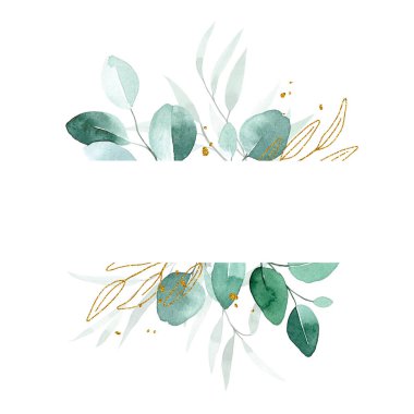 Suluboya çizim. Dikdörtgen çerçeve, okaliptüs yaprakları ve altın yapraklar ile sınır. Klasik tarzda hassas desen, boho.