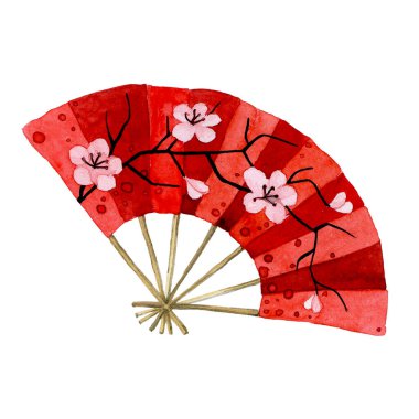 Suluboya çizim. Japon hayranı. Kırmızı yelpaze ve sakura çiçekleri Çin 'de yeni yıl