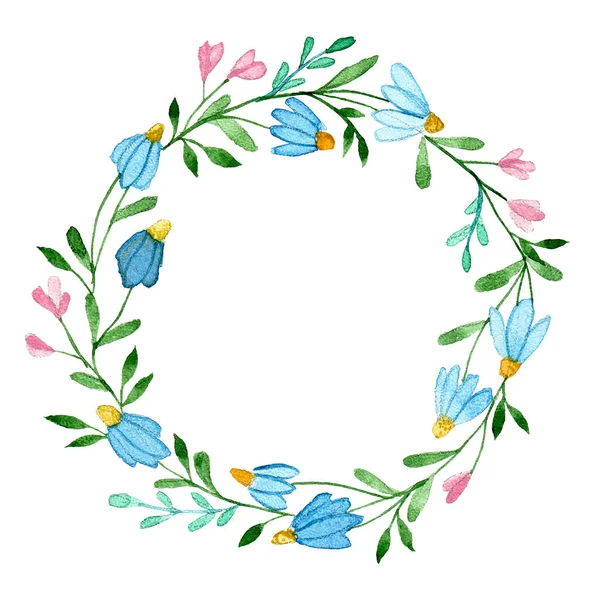 watercolor drawing. wreath, round made of leaves and flowers. abstract forest herbs and wild flowers, spring bouquet, camomile