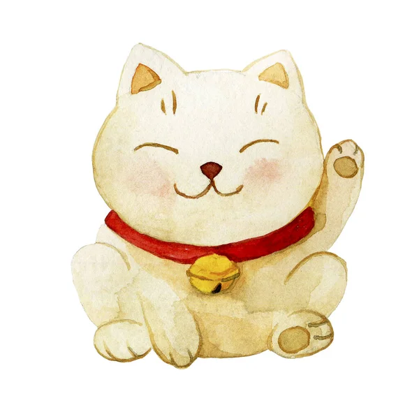 Акварельний Малюнок Щасливий Китайський Кіт Золотий Кіт Китайський Новий Рік — стокове фото