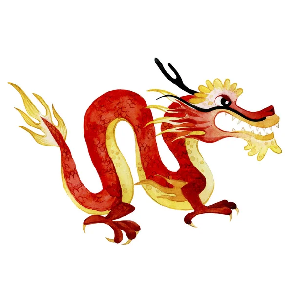 Akvarel Čínský Drak Červený Drak Číňan Nový Rok — Stock fotografie