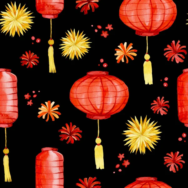 Aquarela Padrão Sem Costura Ano Novo Chinês Vermelho Dourado Lanternas — Fotografia de Stock