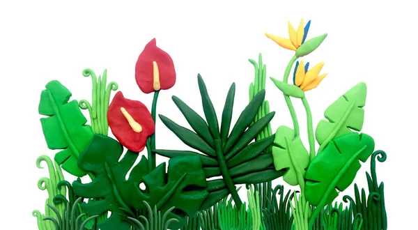 Plastik Çizimler Tropikal Yapraklar Çiçek Kompozisyonu Canavar Yapraklı Palmiye Ağaçlı — Stok fotoğraf