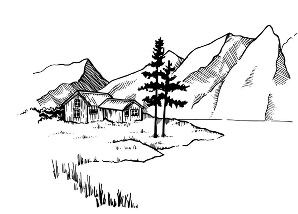 Векторный Рисунок Черно Белый Пейзаж Графика Гравировка Сельский Дом Берег — стоковый вектор