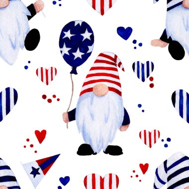 Amerikan Bağımsızlık Günü için suluboya kusursuz desen. 4 Temmuz, balonlarla, havai fişeklerle, bayraklarla, cücelerle dolu şenlik arka planı